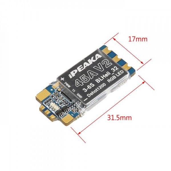 iFlight iPeaka Force 32bit 45A V2 BLHeli_32 ESC is latest developed ESC based on both most pilots' needs and FPV racing drone performance requirements. With iFlight Force32 firmware, it performs much better than previous ESCs on response speed, compatibility, pertinence, easy of use and on other aspects. Multiple IC drive, high quality imported MOS tube by aluminum alloy pieces and ceramic capacitor adopted, dual MOS tube output, work along both lines to significantly reduced heat. High current withstands capacity, enhancing system efficiency. PWM throttle signal cable is twisted-pair which can effectively reduce interference produced inside the copper wire, accomplish stable signal, stable flight, steady speed. Benefits of BLHeli_32Firmware on 32-bit ESC 32bit processors run faster than 8bit, at which we can expect better performance from the new 32bit ESC’s. Faster input signals with lower latency and higher update rate would be possible, such as Dshot1200 or even faster protocols! (Read about DShot) The 32-bit platform also allows more functionality and features that simply wasn’t possible on 8bit ESC’s, such as - Programmable PWM frequency of up to 48KHz - Auto-timing for higher efficiency and reliability - Voltage/Current limiting - Adjustable “Brake on Stop” force - Improve direction change in Bidirectional mode - ESC Telemetry - Configuring from FC using D_Shot commands - Note that these features are just ideas from the developer (aka sskaug) at the moment and haven’t all been implemented. Anyway, we should discover more about the new possibility as development continues. There will be a range of BLHeli_32 ESC coming out soon. The ESC is default BLHeli firmware flashed. If you use flight control with Betaflight firmware, you can connect FC to BLHeli 32 BLHeliSuite, to debug 4 ESC. To download and flash BLHeliSuite you can visit www.blheli32.com. Features compared to V1: * Telemetry function * Smaller size but brighter LED lights * Double-Side solderable Specifications: * BB21MCU, 48Mhz Runs BLHELI_IFLIGHT FORCE_XX firmware * Constant: 45Amps * Burst: 52Amps * Supports 2-6S lipo input * Dimension: 32.6*17*7.2Amm * Weight: 3.9g Package Included: - 1pc* iPeaka Force 32bit 45A V2 BLHeli_32 ESC