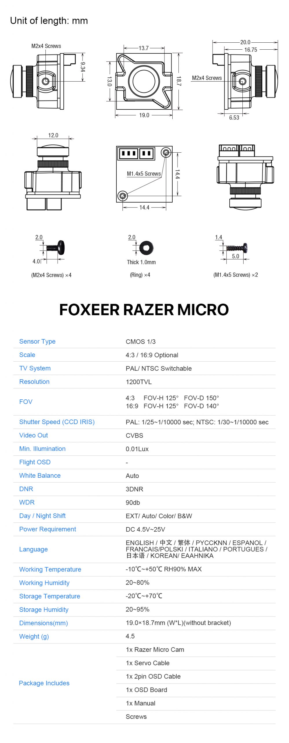 Foxeer Razer Micro 1200TVL 16:9 PAL/NSTC CMOS FPV Camera (1.8mm) - Black 12 - Foxeer