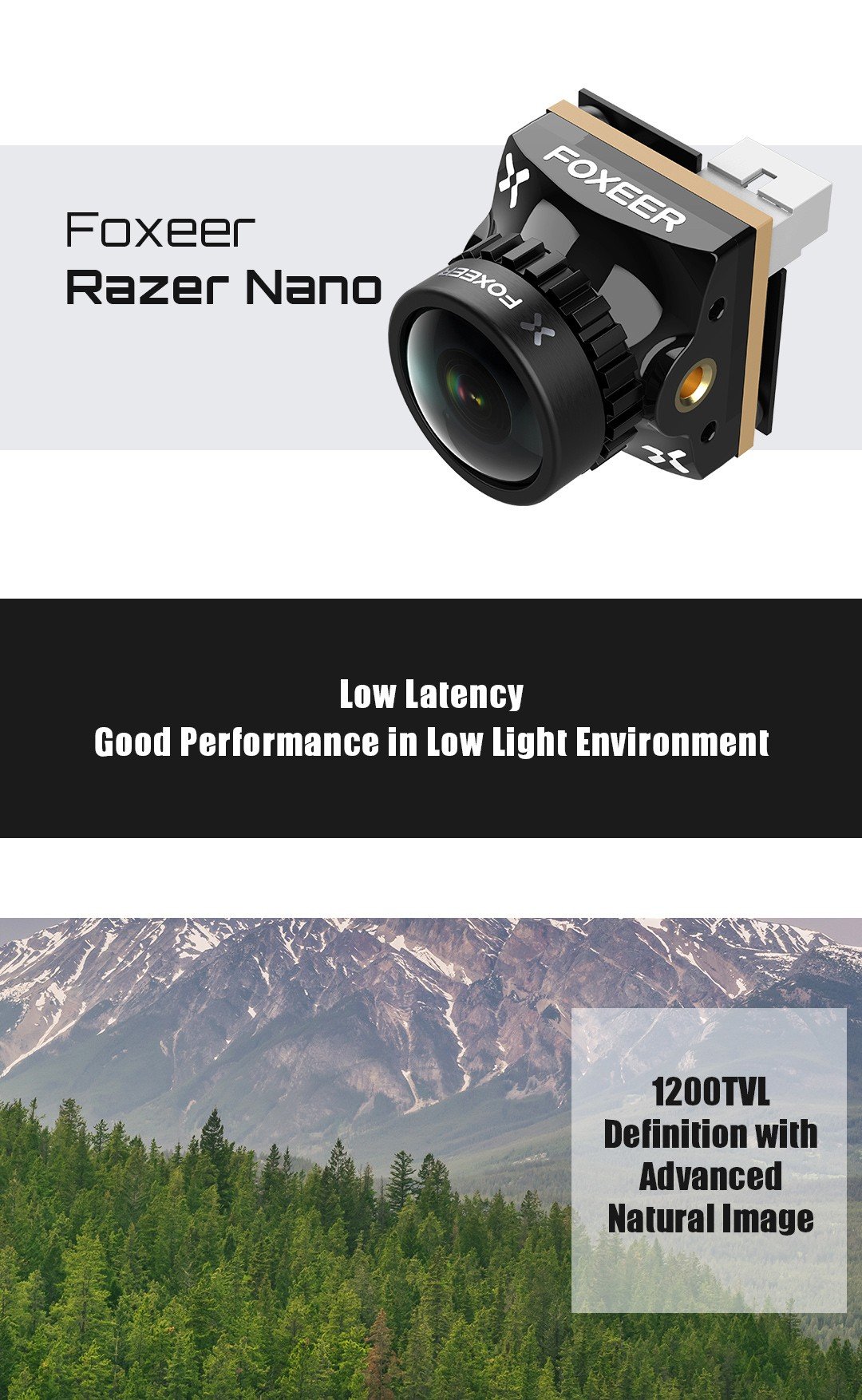 Foxeer 1200TVL Razer Nano Low Latency FPV Camera infographic 1