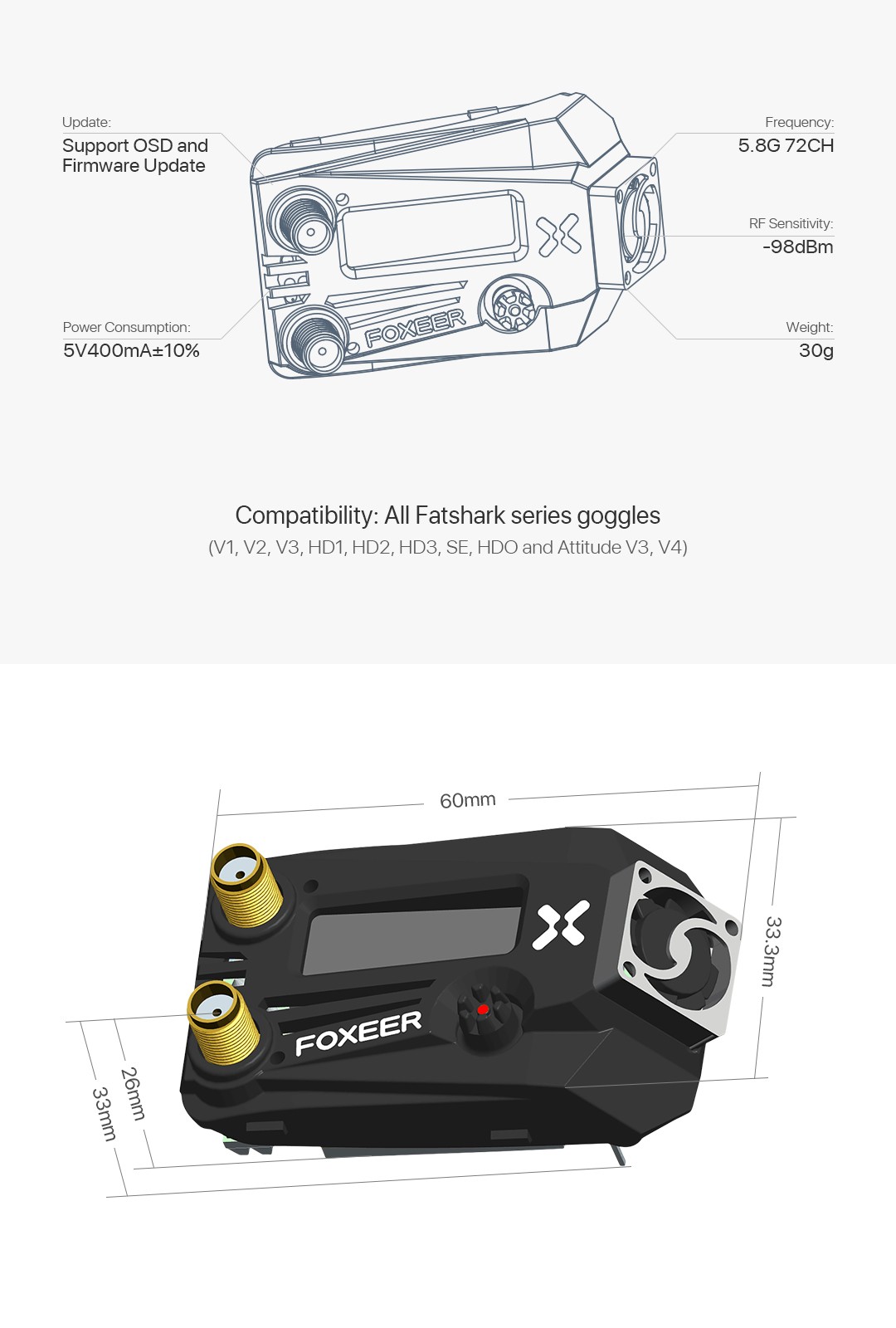 Foxeer Wildfire 5.8G Goggle Dual Video Receiver Module specifications