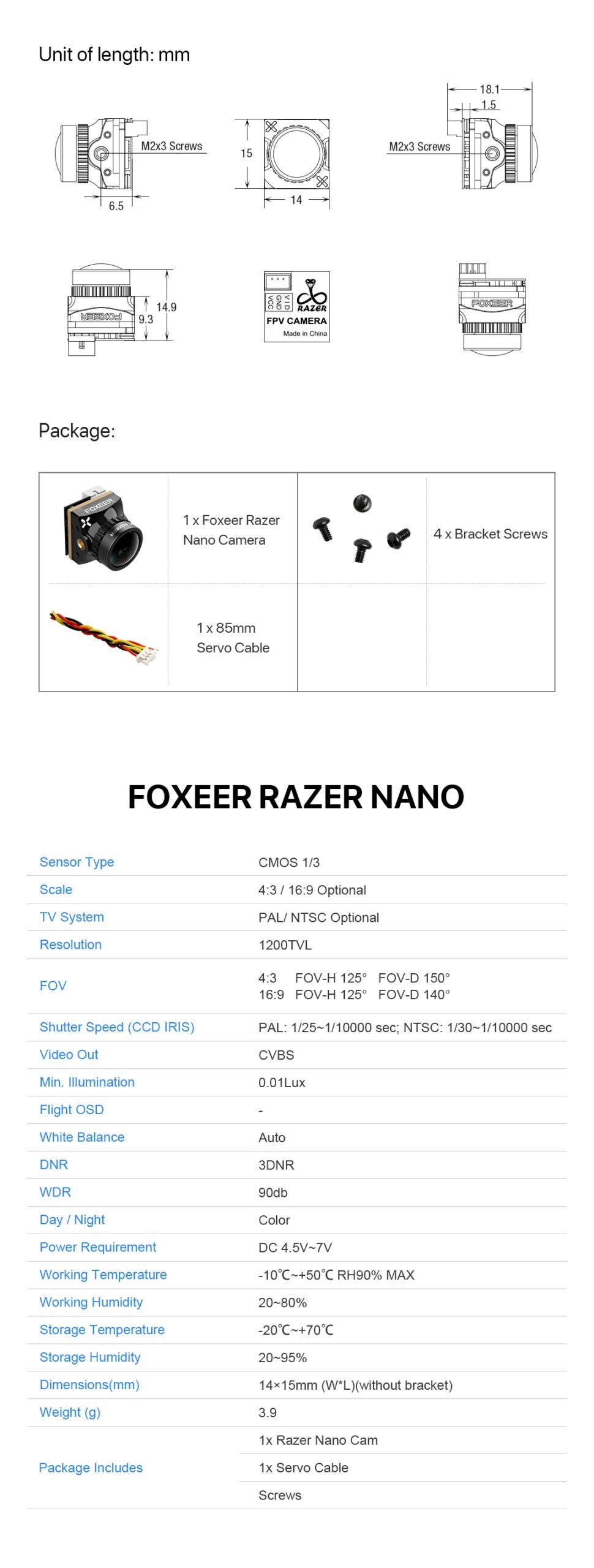 Foxeer 1200TVL Razer Nano Low Latency FPV Camera infographic 3