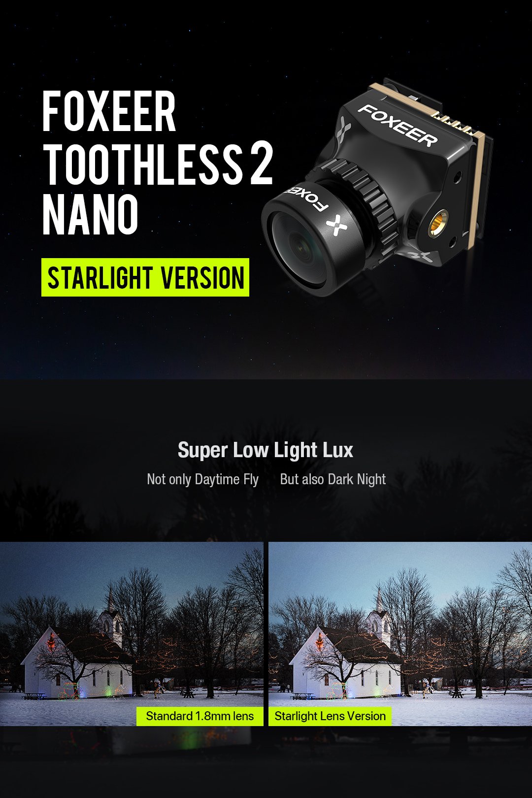 Foxeer Toothless 2 Nano Starlight 1200TVL 16:9/4:3 PAL/NSTC CMOS FPV Camera w/ 1/2" Sensor (2.1mm) - Pick Your Color 11 - Foxeer