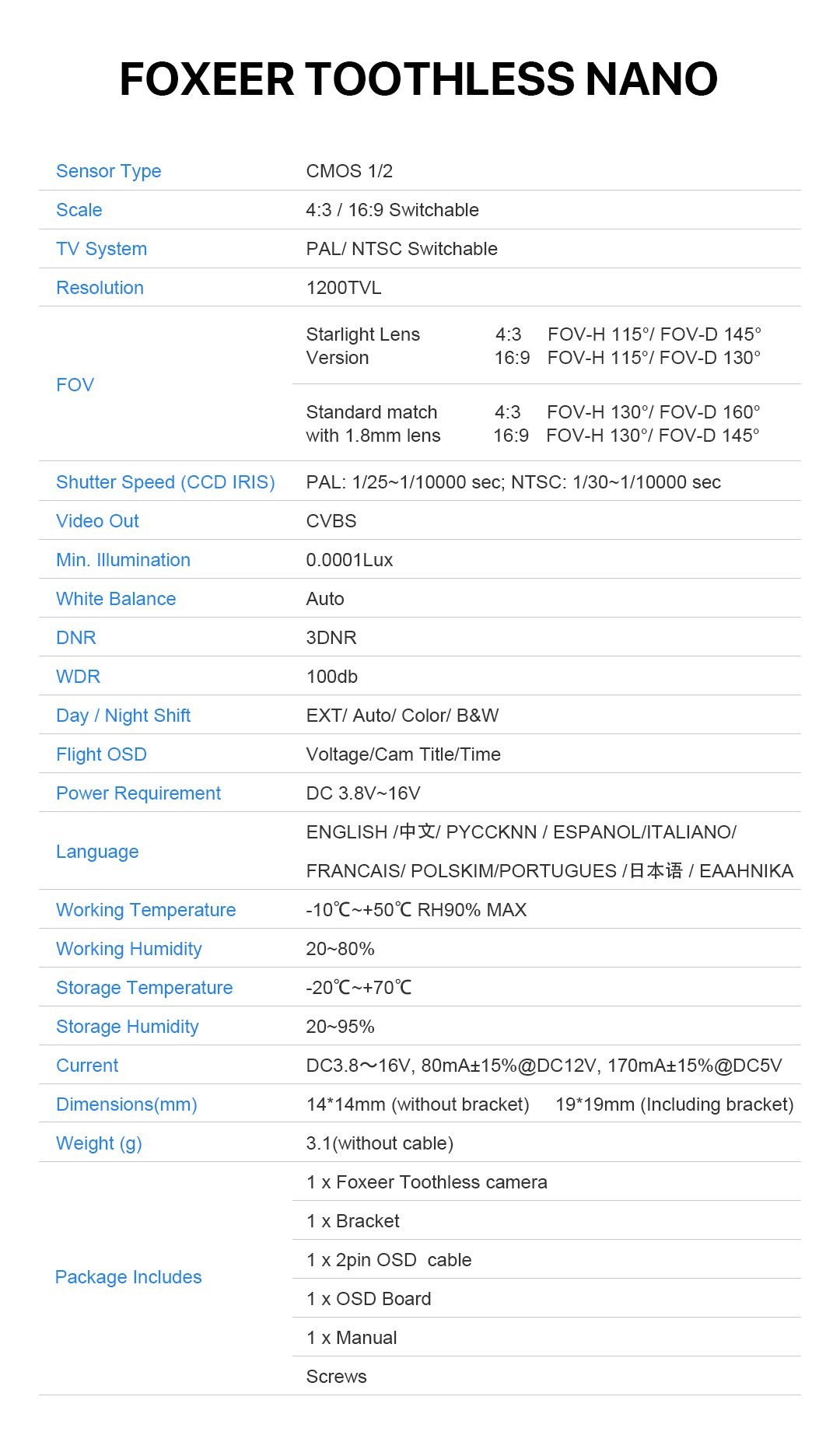 Foxeer Toothless 2 Nano Standard 1200TVL 16:9/4:3 PAL/NSTC CMOS FPV Camera w/ 1/2" Sensor (1.8mm) - Pick Your Color 6 - Foxeer