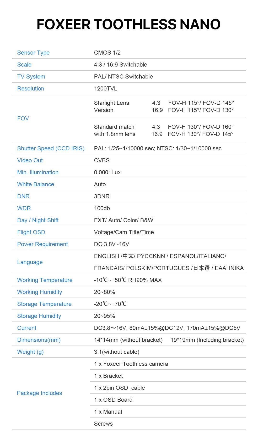 Foxeer Toothless 2 Nano Starlight 1200TVL 16:9/4:3 PAL/NSTC CMOS FPV Camera w/ 1/2" Sensor (2.1mm) - Pick Your Color 14 - Foxeer