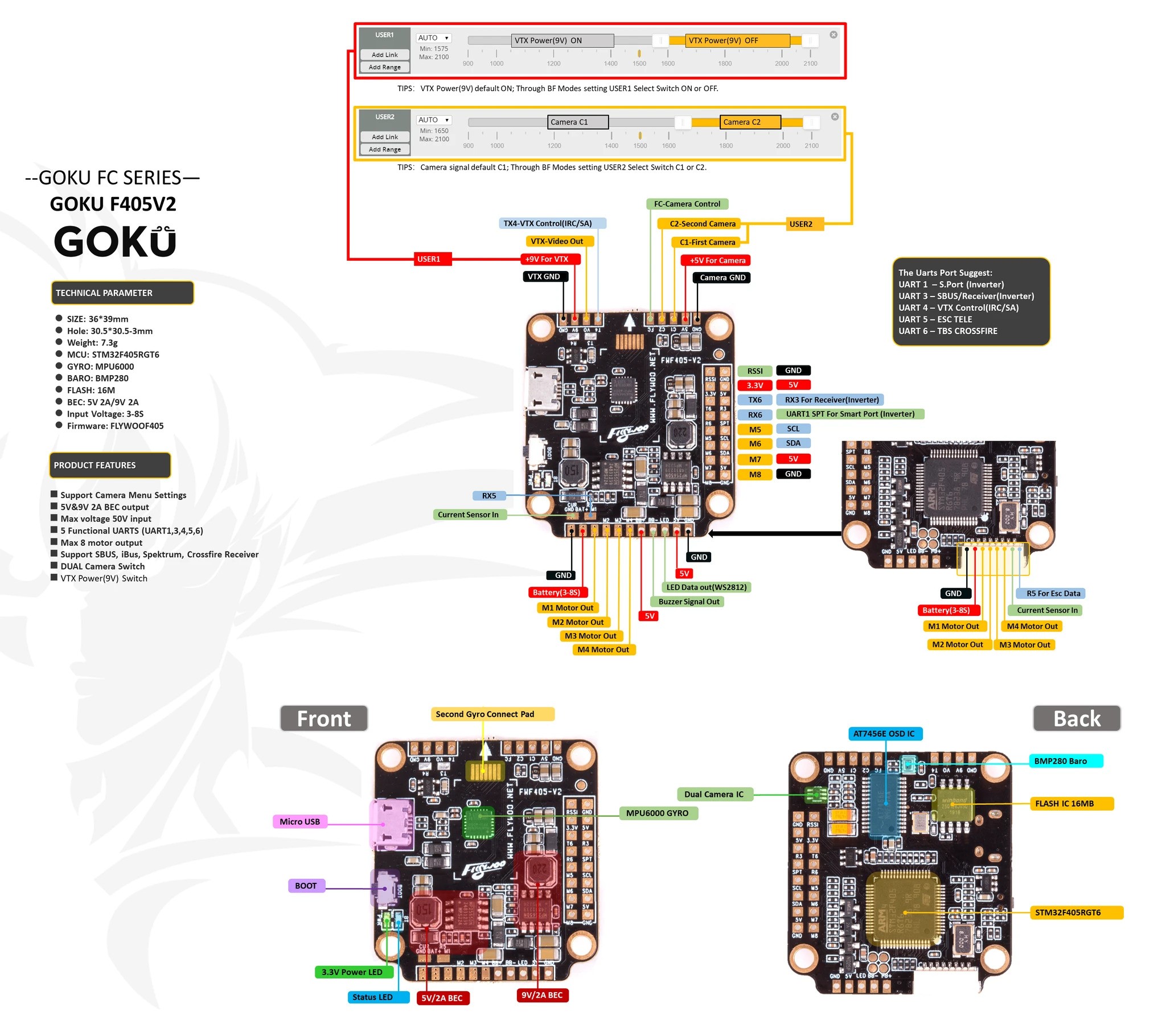 GOKU FC F405 V2 Flight Controller Built In OSD 5V 9V 2A BEC ICM20689 MPU6000 