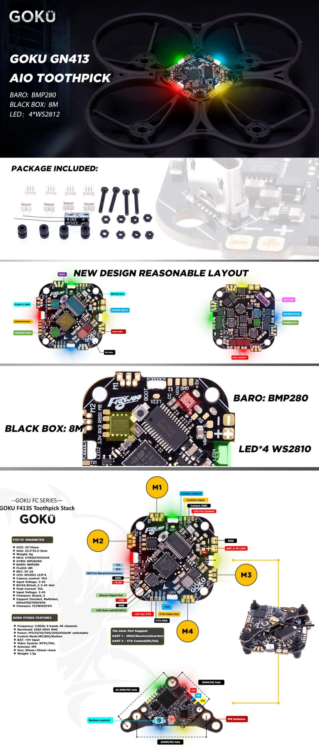 GOKU GNF413 13A AIO V2.1 MPU6000 25.5X25.5 6 - Flywoo