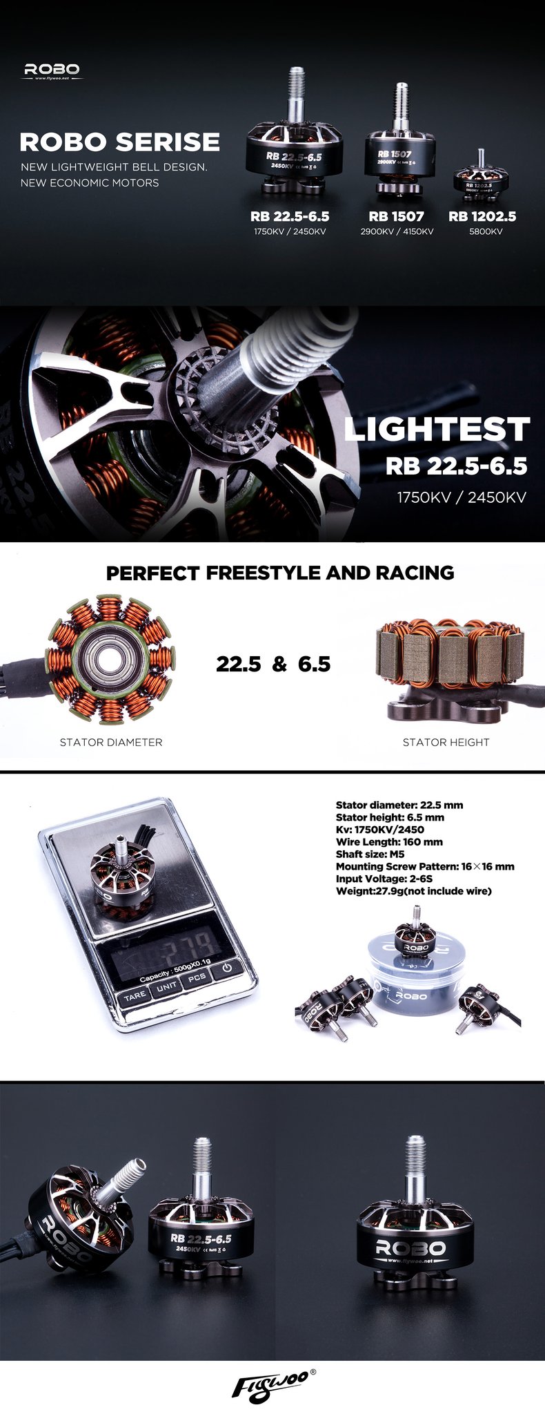 FLYWOO ROBO Motor RB 22.5-6.5 - 1750KV / 2450KV 5 - Flywoo