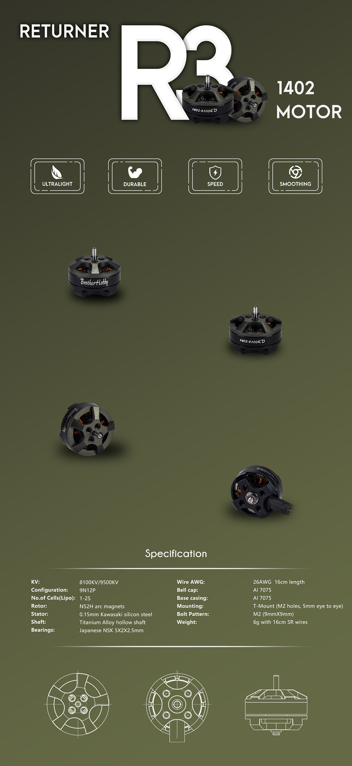 Brotherhobby Returner R3 1402 Motor - 9500Kv 4 - BrotherHobby