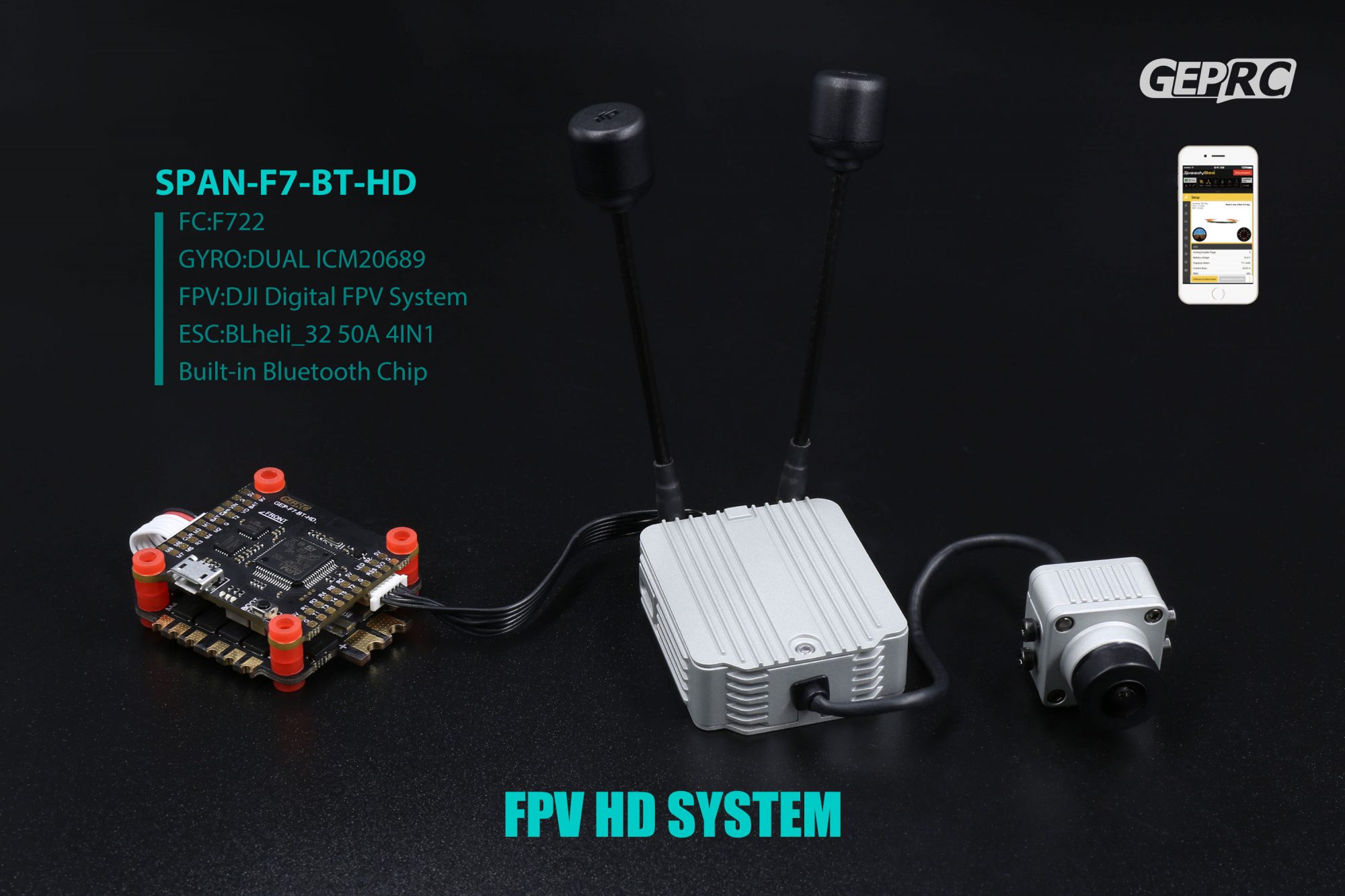 GEPRC SPAN-F7-BT-HD BLheli_32 50A 4in1 ESC infographic