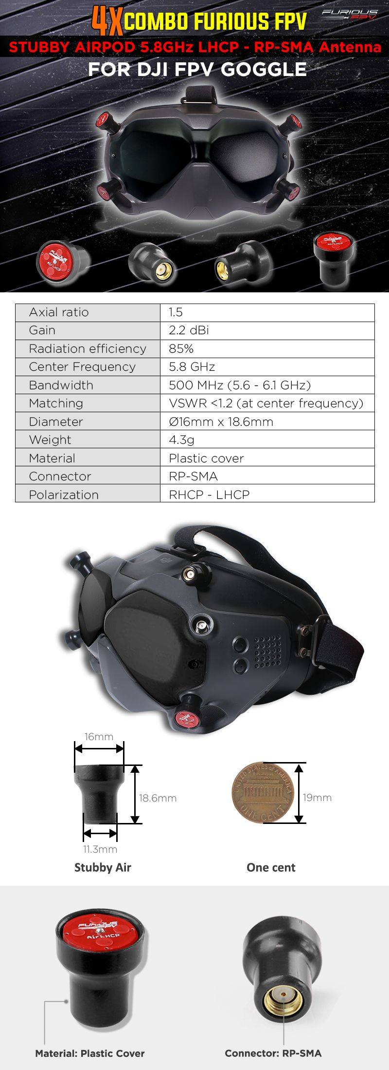 Furious FPV - Stubby Airpod 5.8GHz LHCP - RP-SMA Antenna for DJI FPV Goggles 2 - Furious FPV