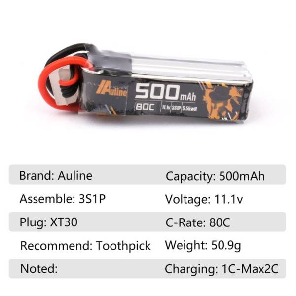 Auline 500mah 3S 11.1V 80C XT30 for Toothpick - Image 4