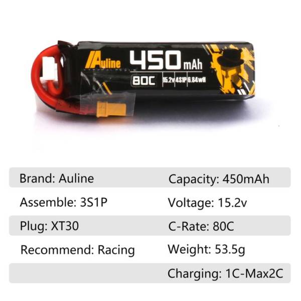 Auline 4S 450mah 80C Lipo Battery With XT30 - Image 3