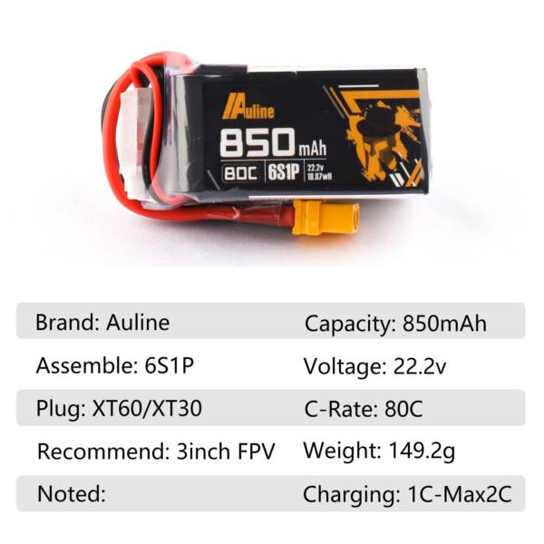 Auline 6s 850mAh 22.2v 6S LiPo 80c XT30 - Image 3
