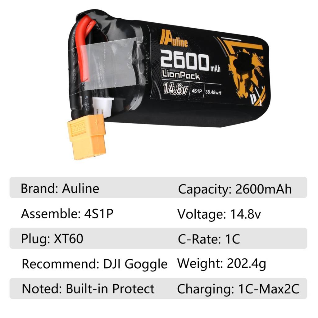 Auline 18650 DJI FPV Goggle Battery 2600mAh 4S XT60 With BuiltIn