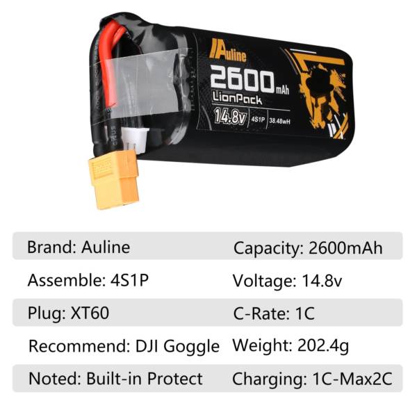 Auline 18650 DJI FPV Goggle Battery 2600mAh 4S XT60 with Built-In Protective Board - Image 2