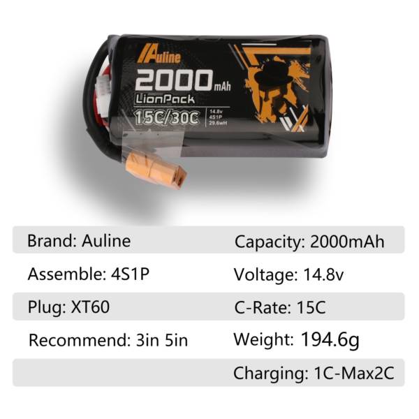 Auline 14.8V 4S 18650 2000mAh 30C Li-Ion Battery - XT60 2 - Auline