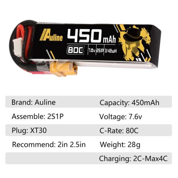 Auline 450mAh HV 7.6v 2S LiPo 80c - XT30 - Image 3