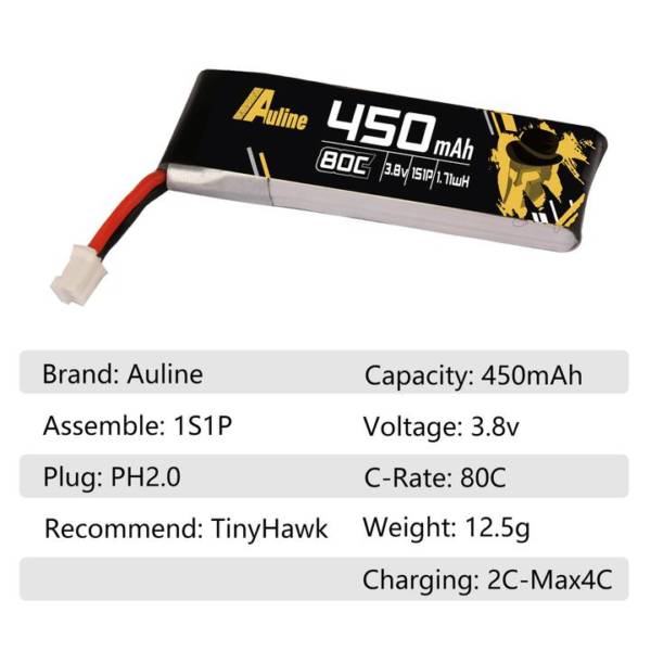 Auline 450mAh HV 3.8v 1S LiPo 80c - PH2.0 (3pcs) 3