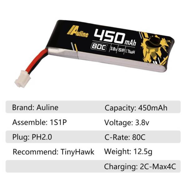 Auline 450mAh HV 3.8v 1S LiPo 80c - PH2.0 (3pcs) - Image 3