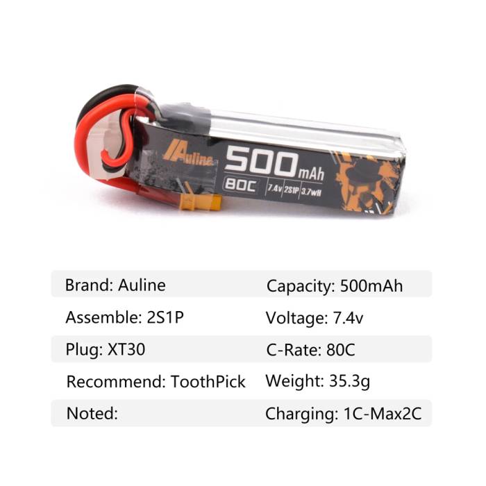 Auline 500mah 2S 7.4V 80C XT30 LIPO Battery 4 - Auline