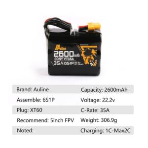 Auline VTC5A 2600mAh 6S 22.2v 35A XT60 for Long Range Flying 8 - Auline