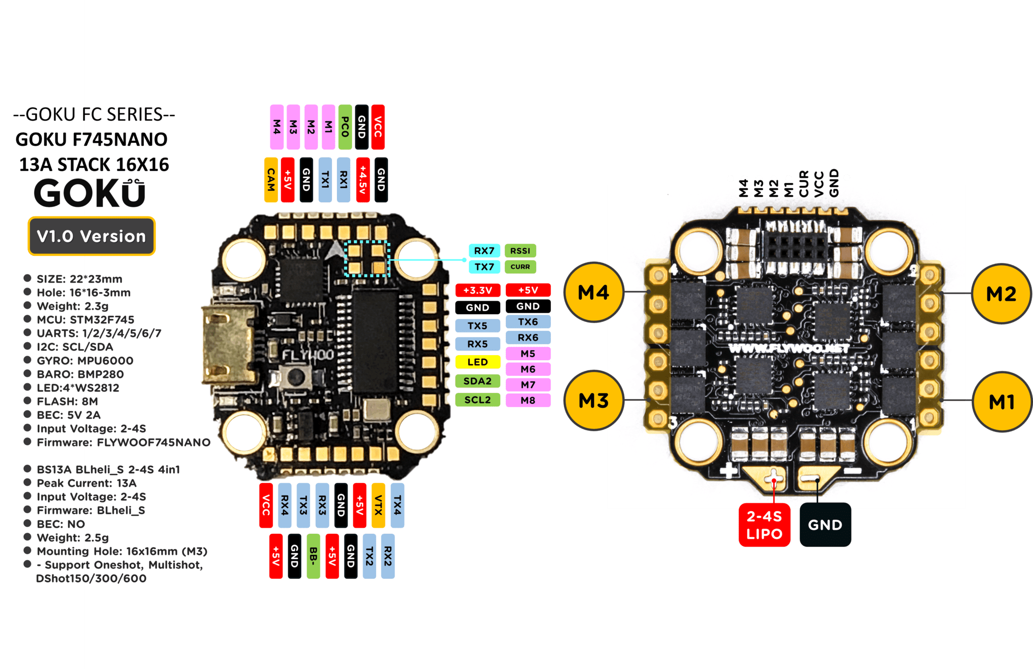 Goku F745 Nano 2-4S 16x16 Stack F745 FC / 13A 4in1 ESC 7 - Flywoo