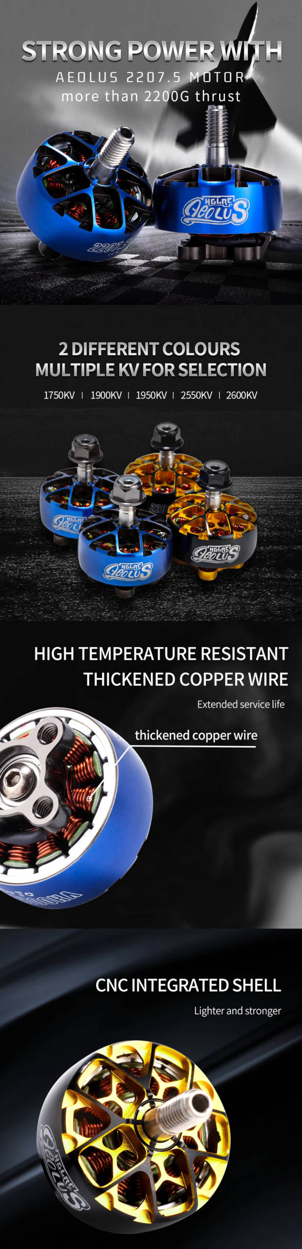 HGLRC AEOLUS 2207.5 Brushless Motor (1750KV/1900KV/2550KV) - Blue 5 - HGLRC