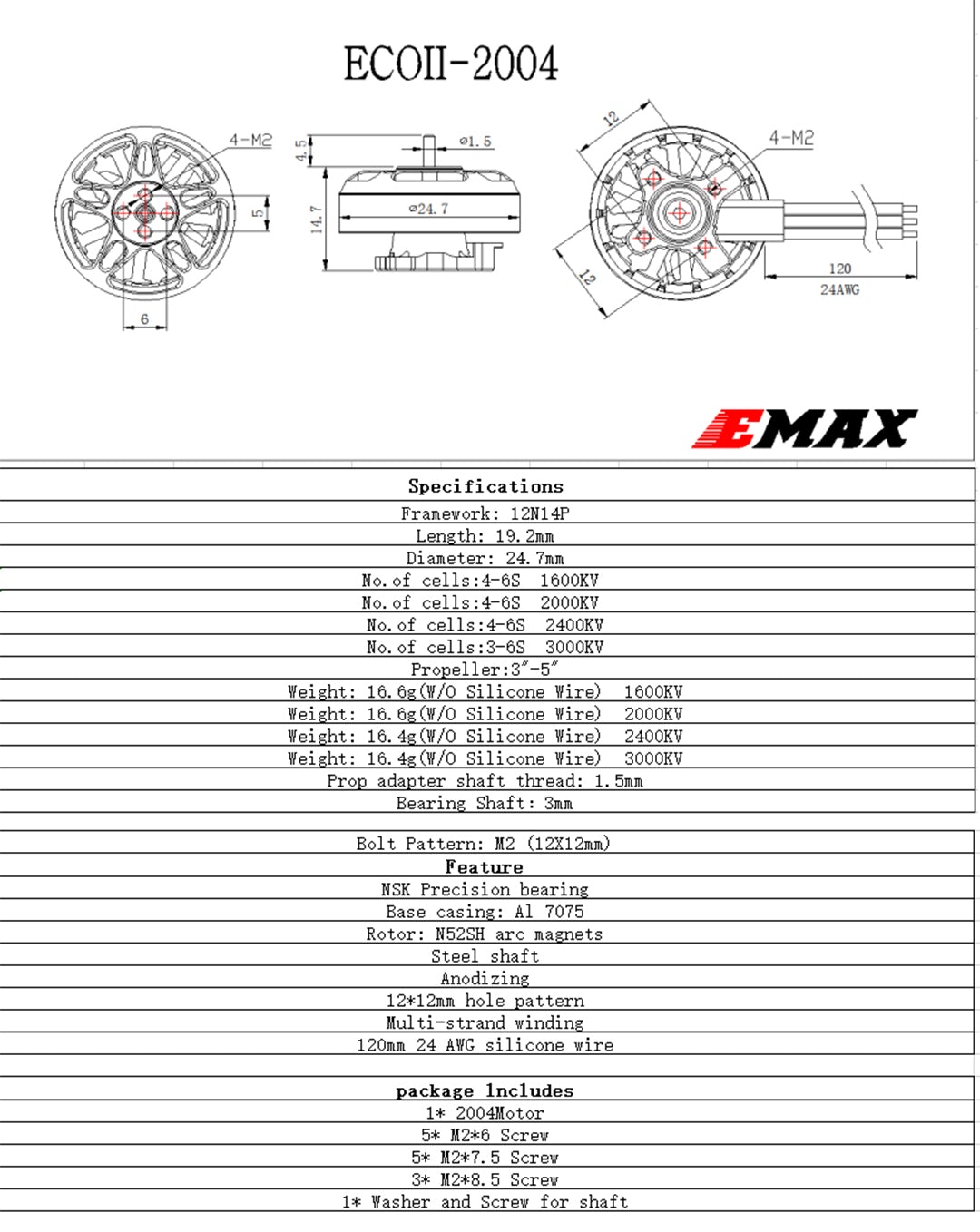 EMAX ECO II 2004 Brushless Motor Specifications and Dimensions