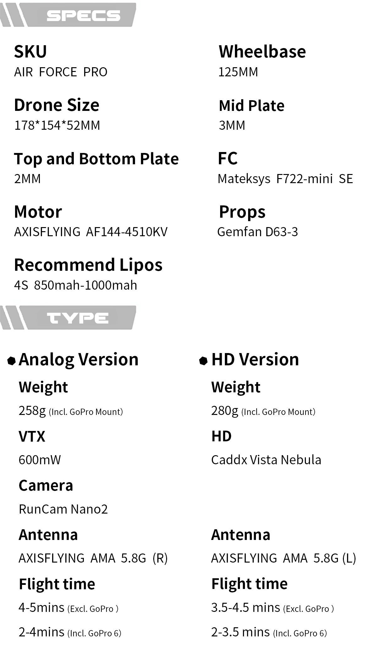 AirForce PRO-X8 2.5“ (Analog Version-600mW VTX) - PNP 10 - AxisFlying