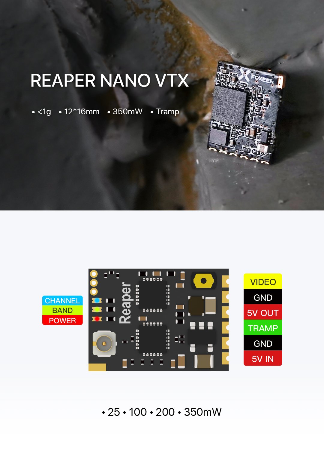 Foxeer Reaper Nano 5.8G 40CH 350mW 1g Tramp VTx 7 - Foxeer