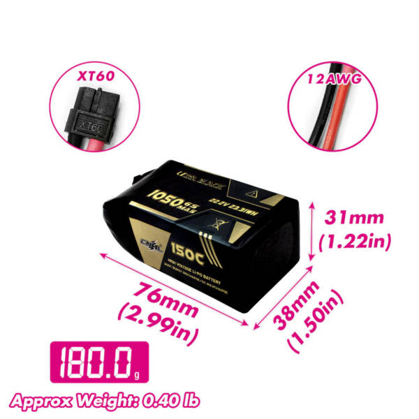 CNHL Ultra Black 1050mAh 6S XT60 150C 22.2V Lipo Battery - Image 3