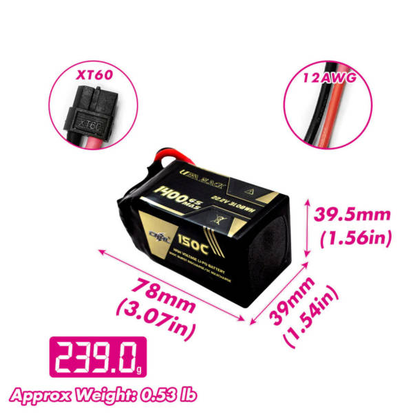 CNHL Ultra Black 1400mAh 6S 150C XT60 22.2V Lipo Battery - Image 2
