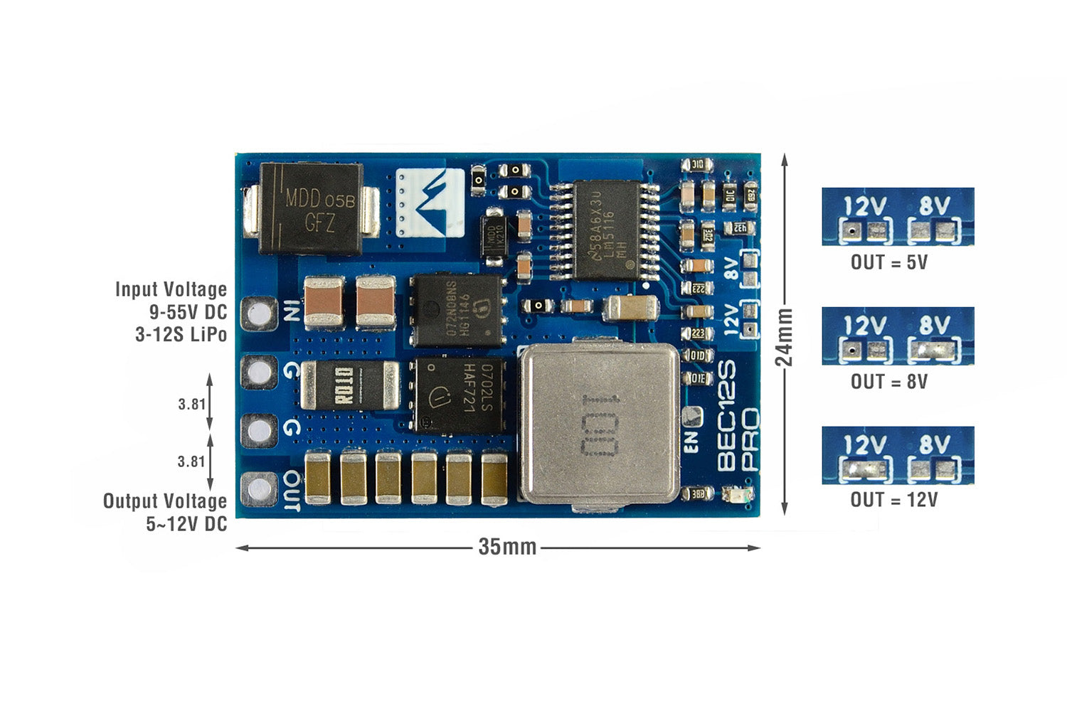 MATEK 12S PRO BEC 5V/8V/12V-5A OUTPUT 9-55V INPUT 2 - Matek Systems