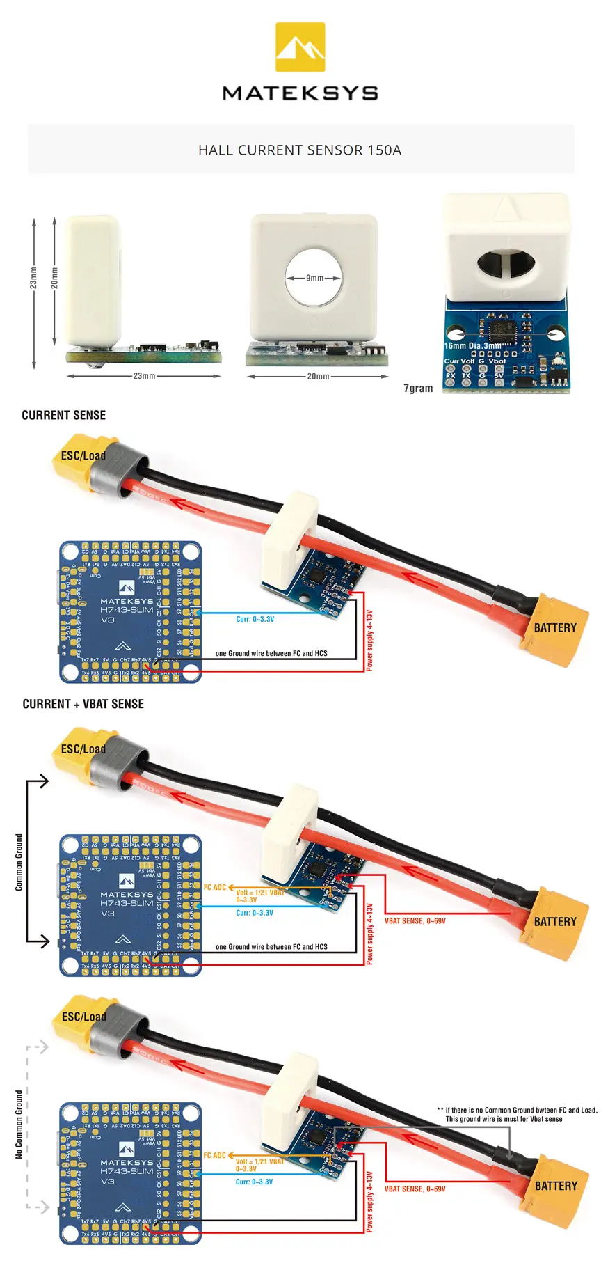 MATEKSYS Hall Effect Current Sensor - 150A 