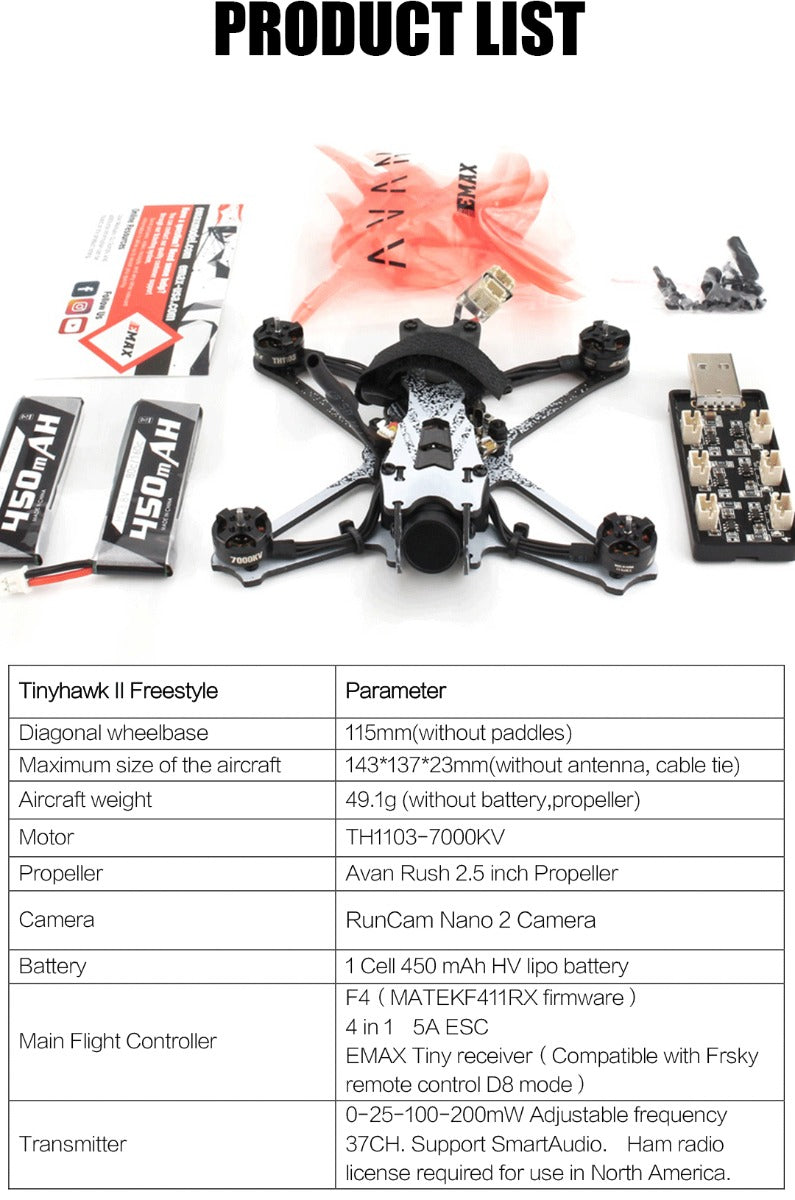 EMAX TinyHawk II Freestyle Drone - BNF - FrSky 17 - Emax