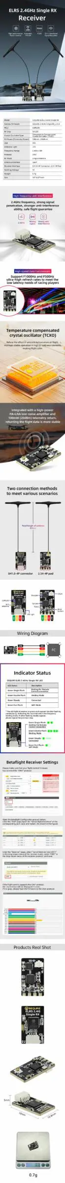 Sequre 2.4GHz High Quality ELRS Receiver w/ Plug - Single Antenna 80mm 15 ELRS 2.4GHz Single RX