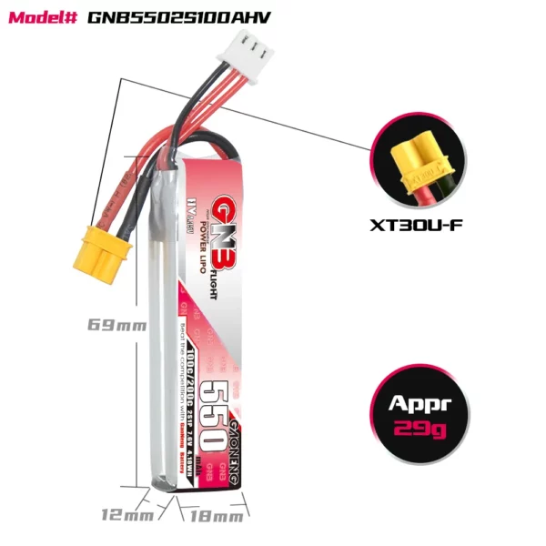 GNB GAONENG 2S 550mAh 7.6V 100C LiHV Battery Long Type - XT30 - Image 3