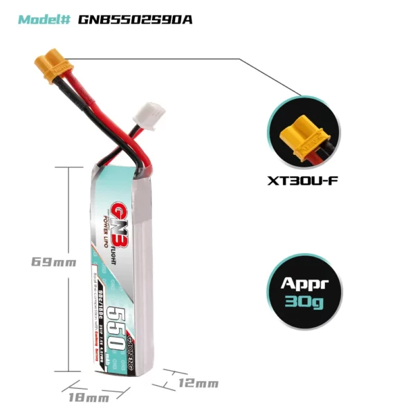 GNB GAONENG 2S 550mAh 7.4V 90C LiPo Battery Long Type - XT30 - Image 3