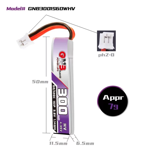 GAONENG GNB LiHV 1S 3.8V 300mAh 60C LiPo Battery - PH2.0 - Image 3