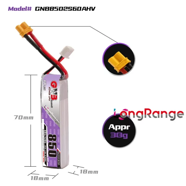 GAONENG GNB LiHV 2S 7.6V 850mAh 60C LiPo Battery Long Range - XT30 - Image 2