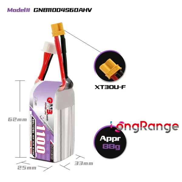 GAONENG GNB LiHV 4S 15.2V 1100mAh 60C LiPo Battery - XT30 - Image 2