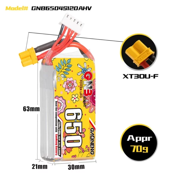 GAONENG GNB LiHV 4S 15.2V 650mAh 120C HV LiPo Battery - XT30 - Image 3