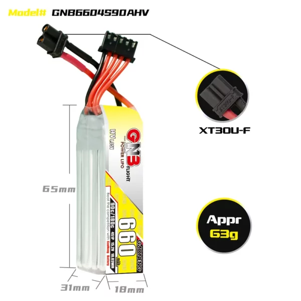 GNB GAONENG 4S 660mAh 15.2V 90C LiPo Battery Long Type - XT30 - Image 2
