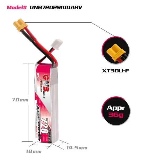 GNB GAONENG 2S 720mAh 7.6V 100C LiHV Battery - XT30 - Image 3