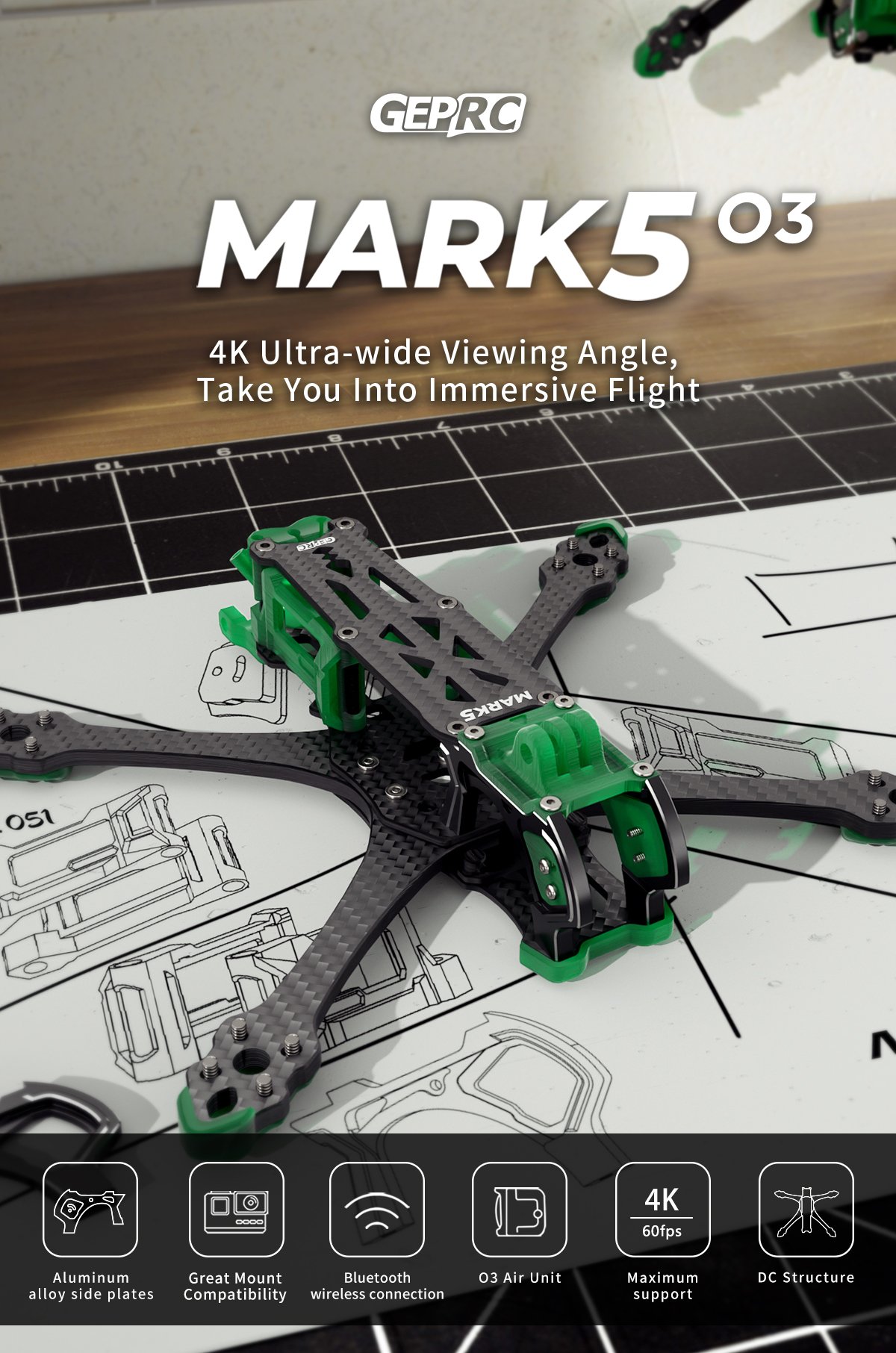 GEPRC FPV Freestyle Frame MARK5 Pro O3- Deadcat Green 5 - GEPRC