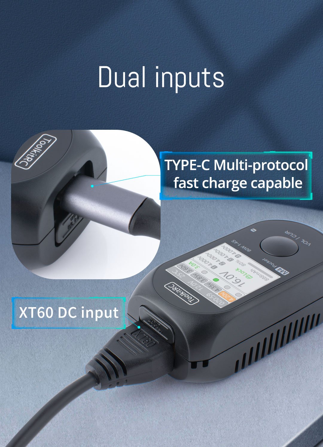 Dual inputs: TYPE-C Multi-protocol fast charge capable & XT60 DC input