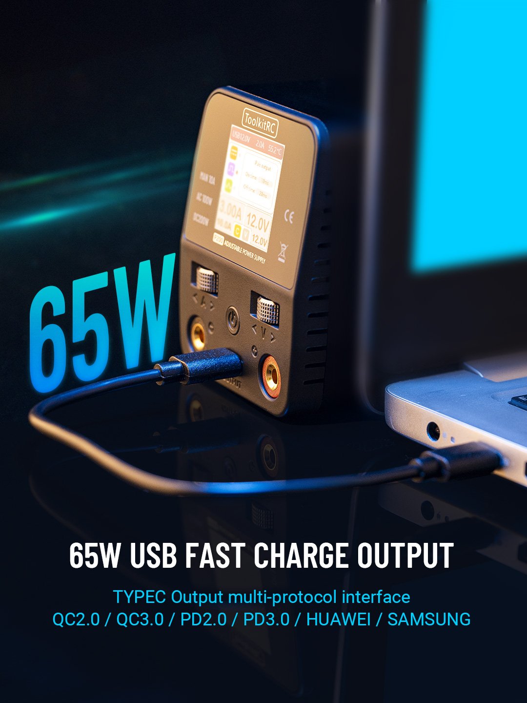 65W USB Fast charge output， TYPEC Output multi-protocol interface： QC2.0 QC3.0 PD2.0 PD3.0 HUAWEI SAMSUNG