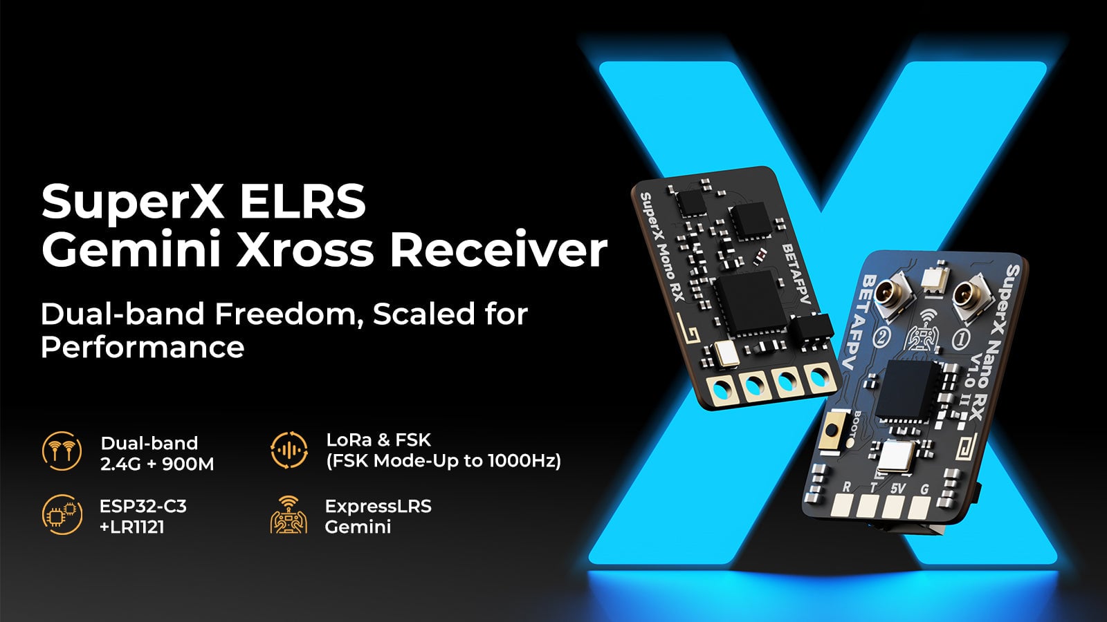BetaFPV SuperX RX ELRS 2.4G/915M (Choose Your Reciver) 17 SuperX ELRS Gemini Xross Receiver - Dual-band Freedom, scaled for performance