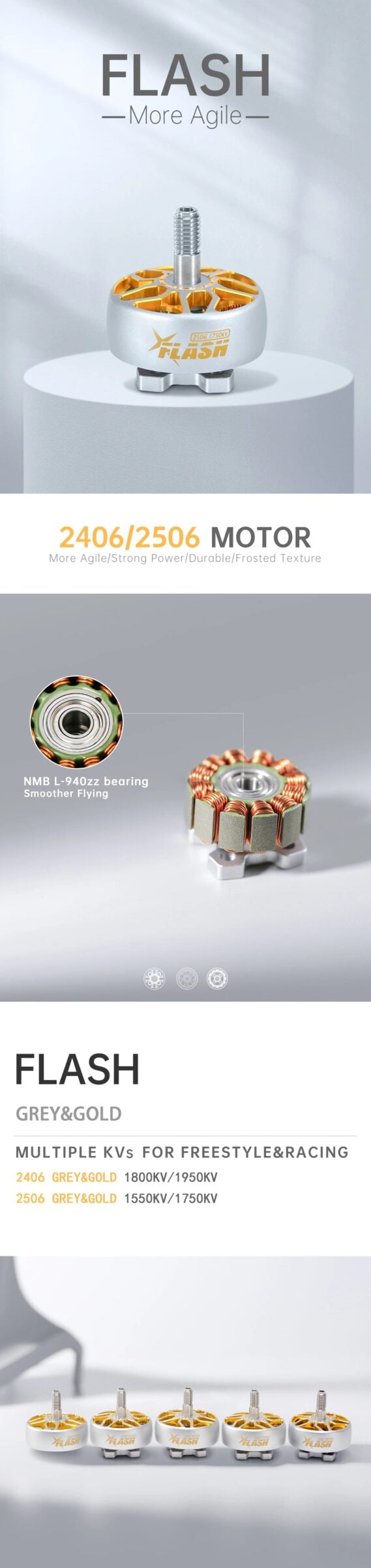 FlyFishRC Flash 2506 FPV Motor - Grey and Gold (Choose Your Kv) 7 - FlyFishRC