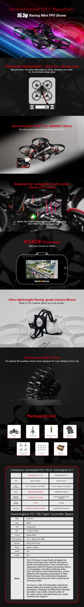 Hummingbird V3.1 RaceSpec ELRS 16.5g BNF Mini Drone